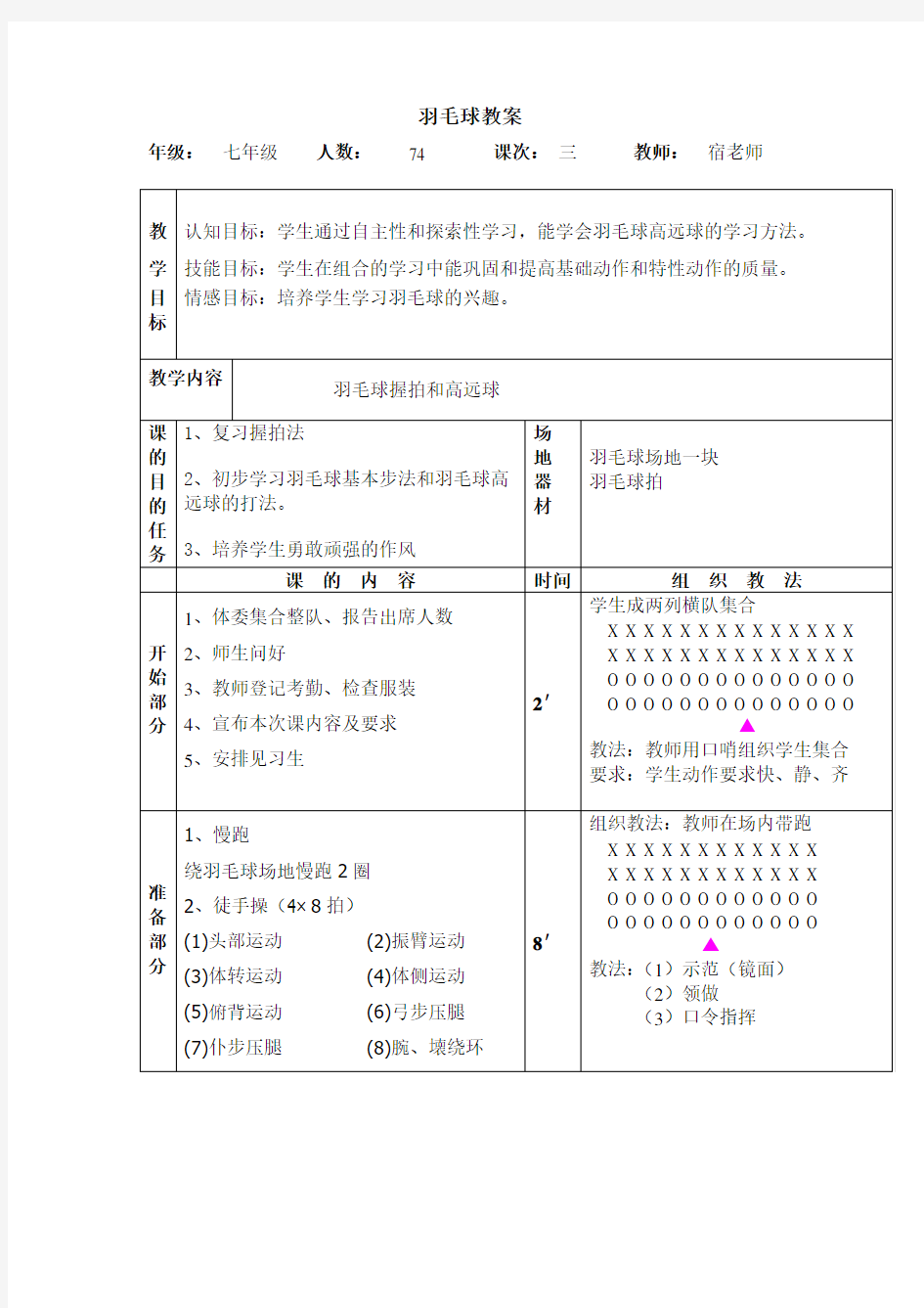 初中羽毛球课教案