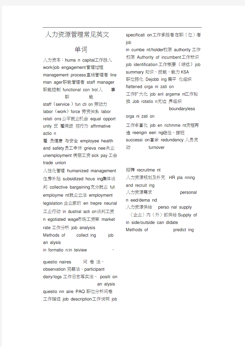 人力资源管理常见英文词汇