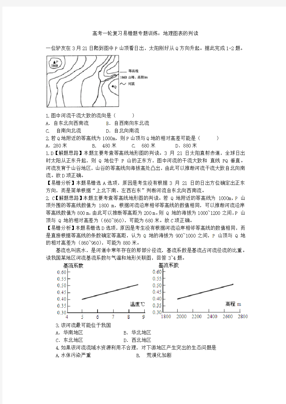 高考地理一轮复习易错题专题训练：地理图表的判读