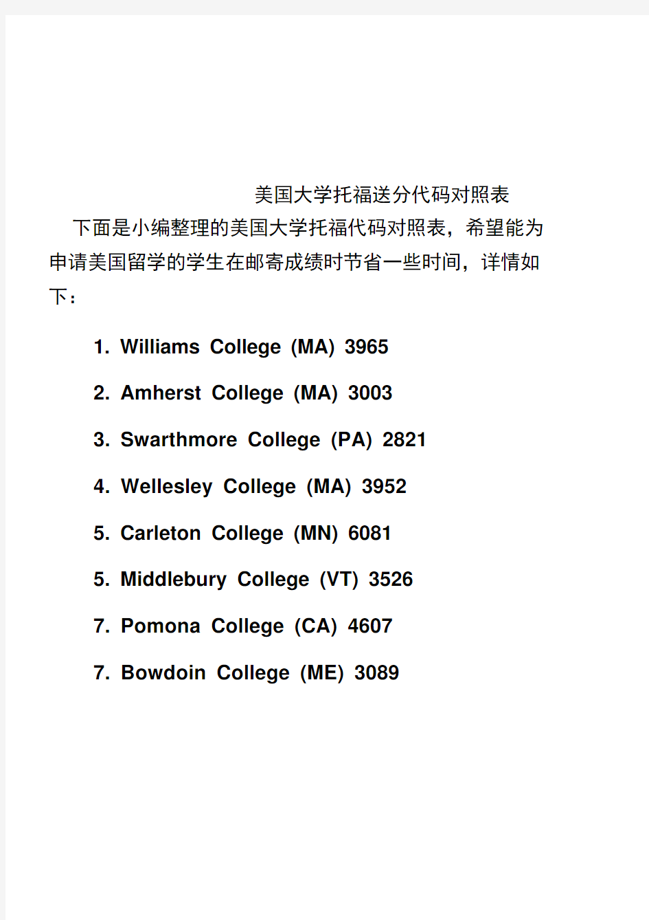 美国大学托福送分代码对照表