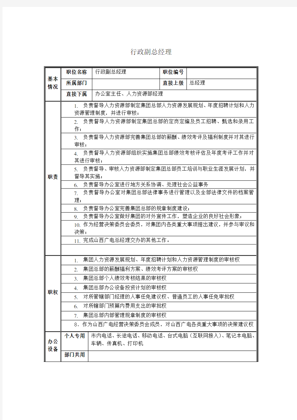 行政副总经理岗位说明书