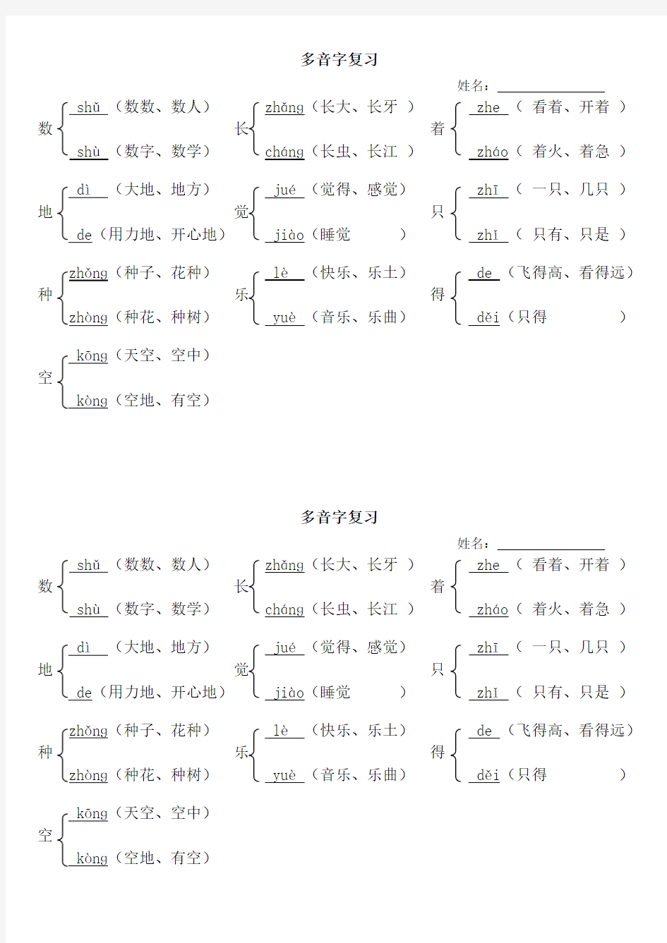 人教部编版小学一年级所有的多音字复习整理