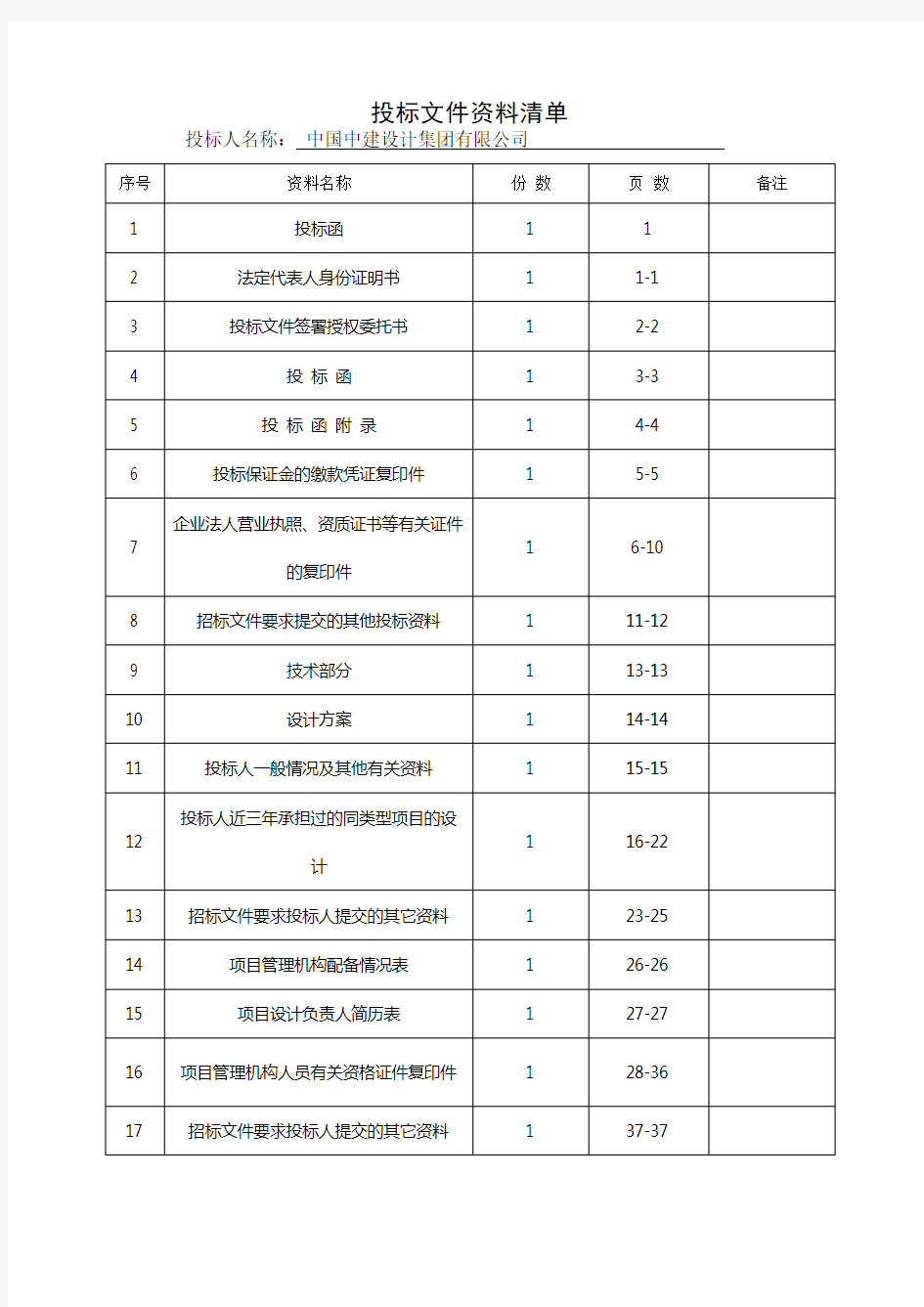 投标文件标准清单