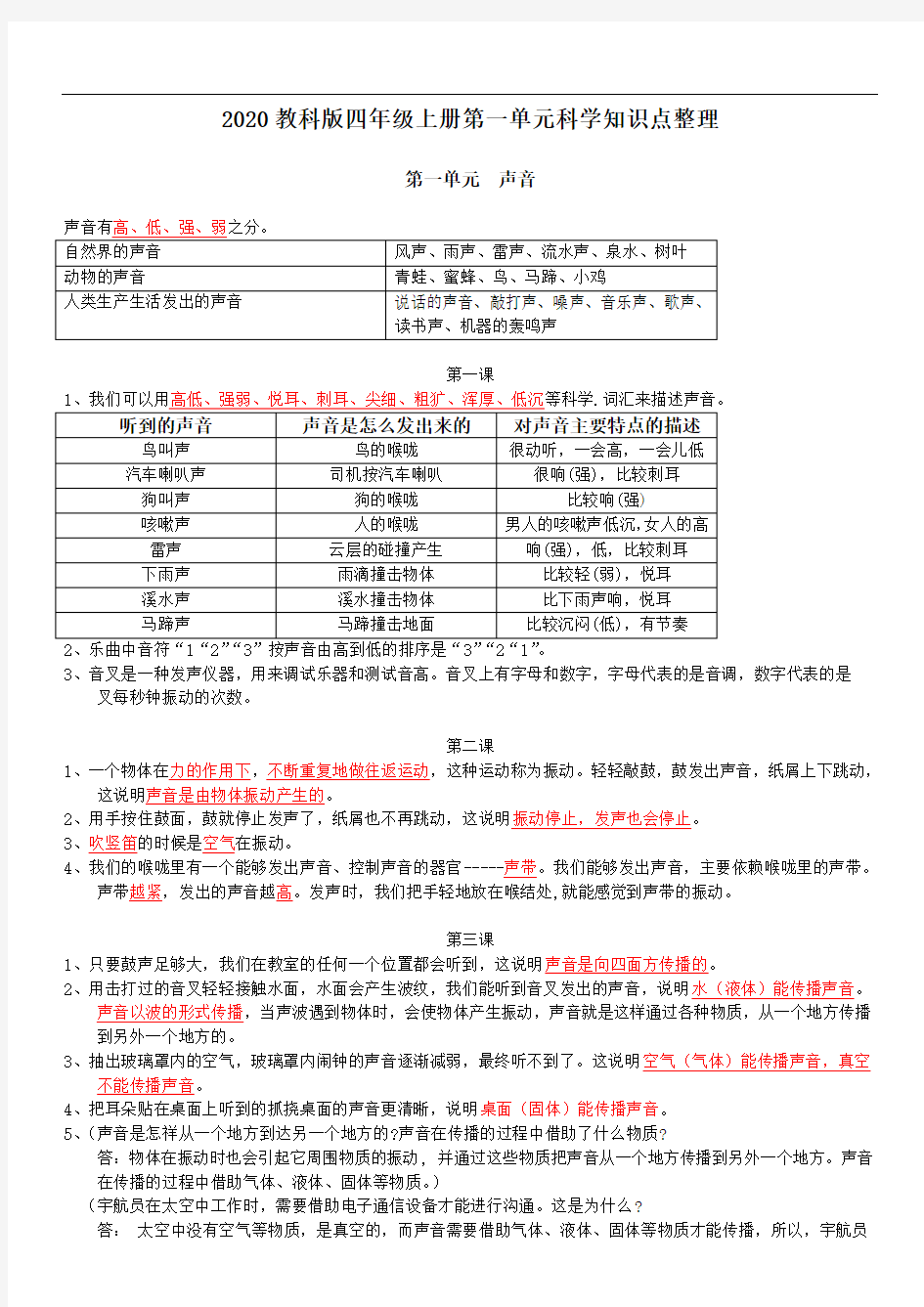 教科版四年级上册科学第一单元知识点整理