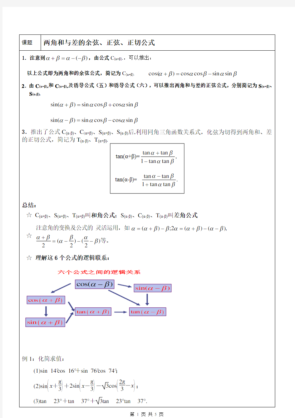 两角和与差的余弦、正弦、正切公式