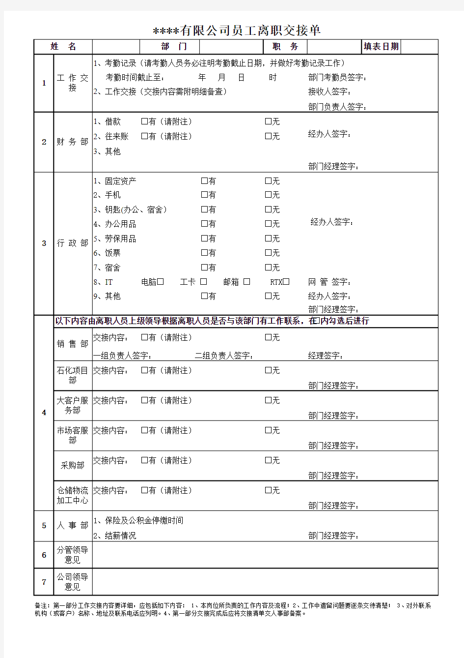 员工离职交接单