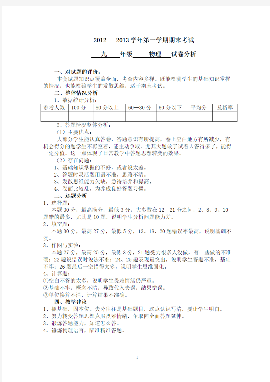 2012-2013第一学期九年级物理试卷分析