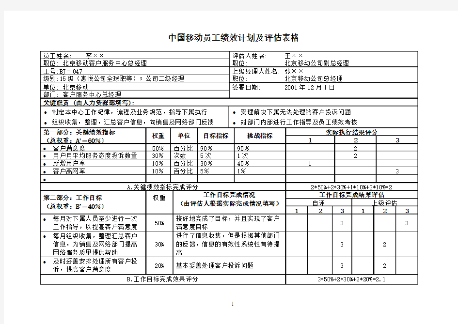 中国移动绩效计划与评估表
