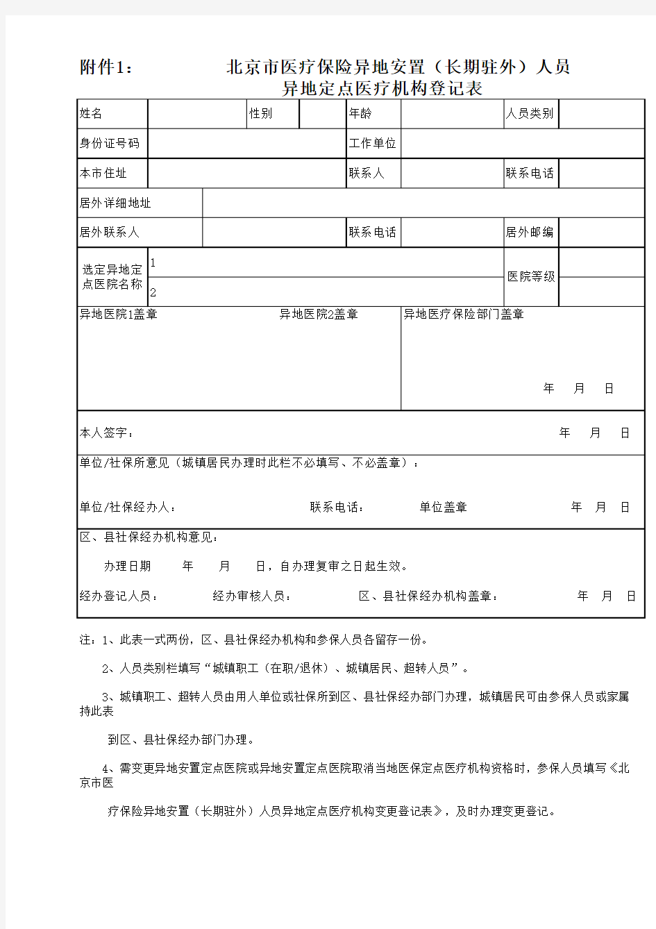 北京市医疗保险异地安置(长期驻外)人员异地定点医疗机构登记表