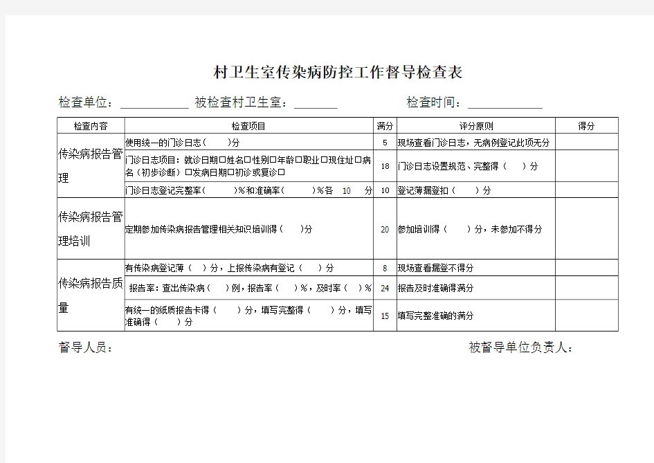 村卫生室传染病防控工作督导检查表