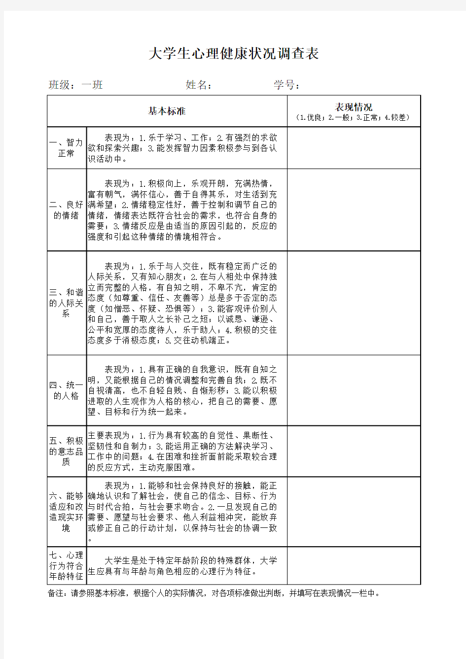 大学生心理健康调查表模板