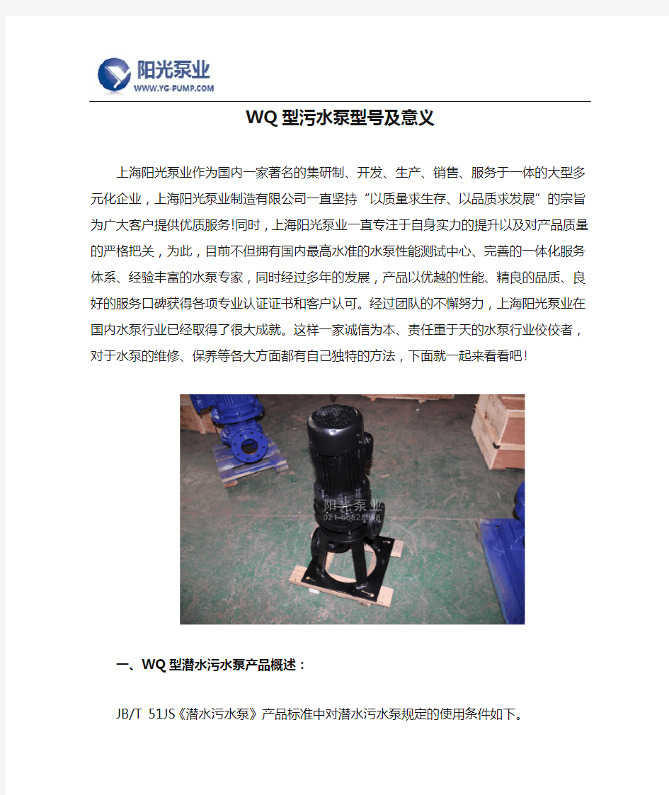 WQ型污水泵型号及意义