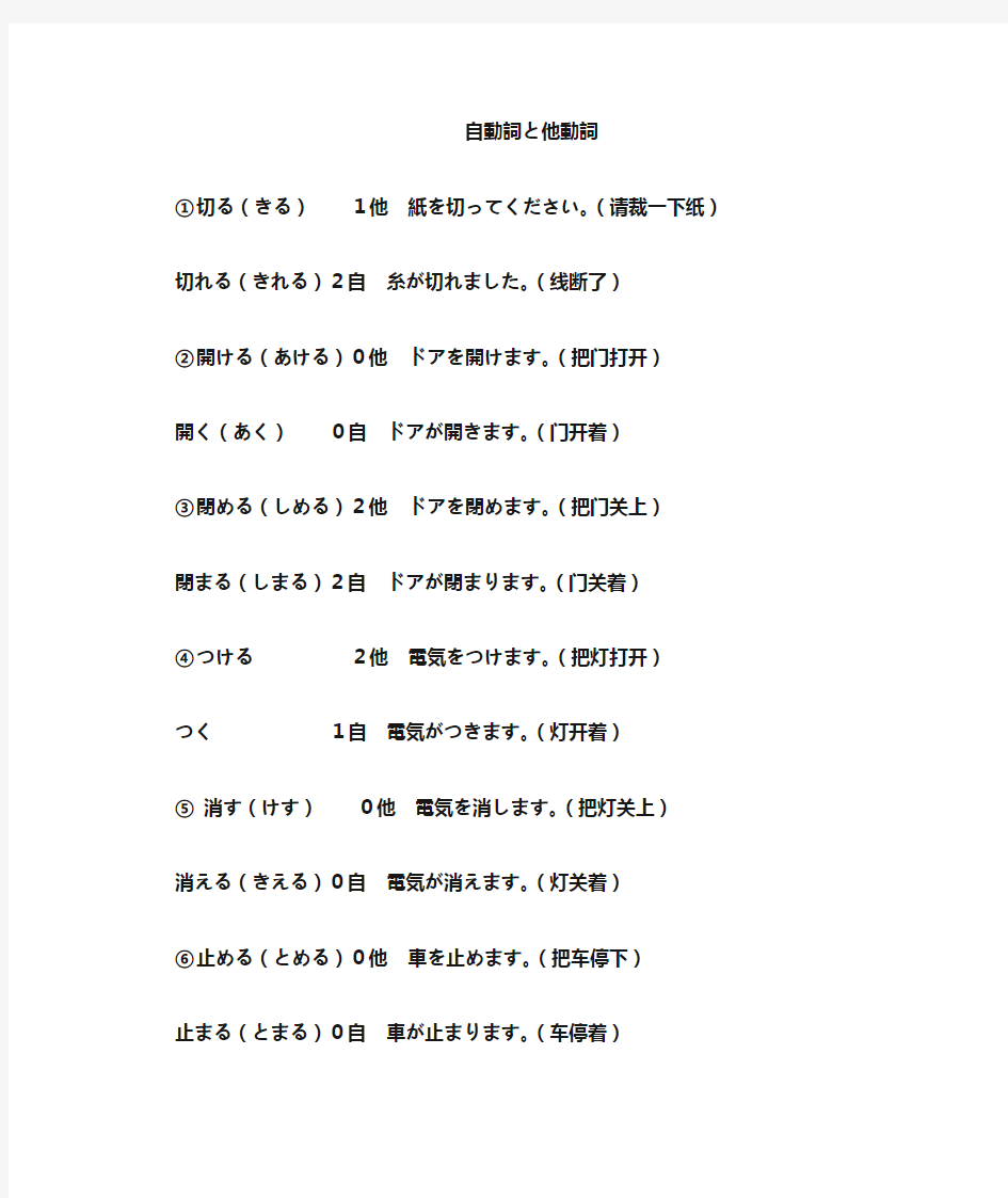日语-自动词与他动词列表