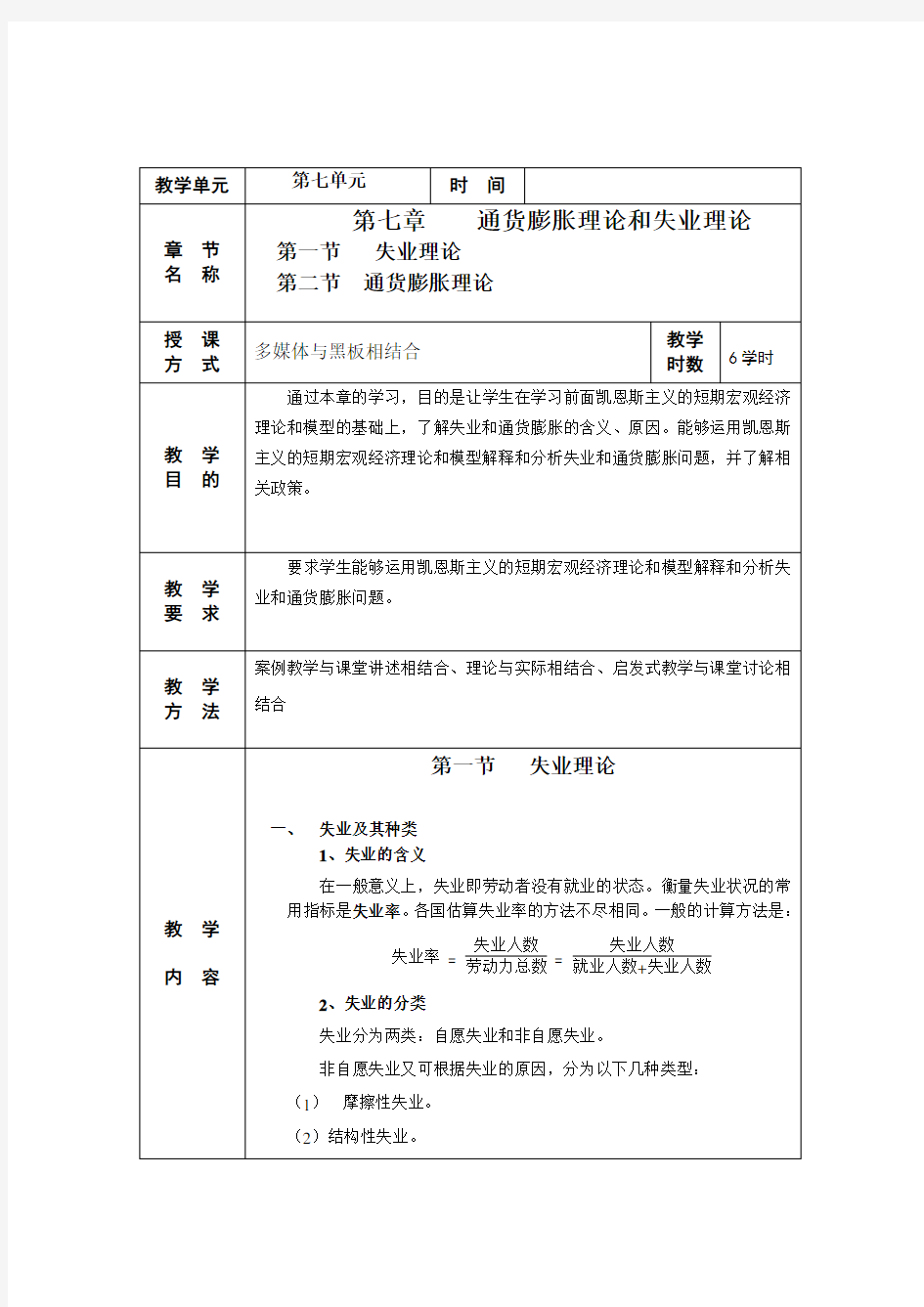 宏观经济学教案第七章通货膨胀理论教案