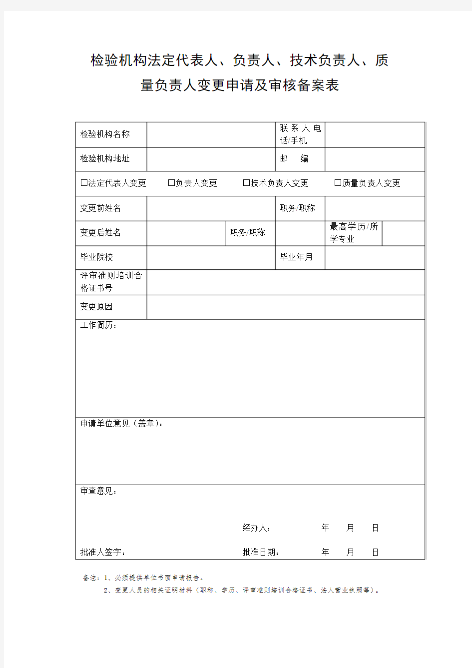 检验机构法定代表人、负责人、技术负责人、质量负责人  变更申请及审核备案表