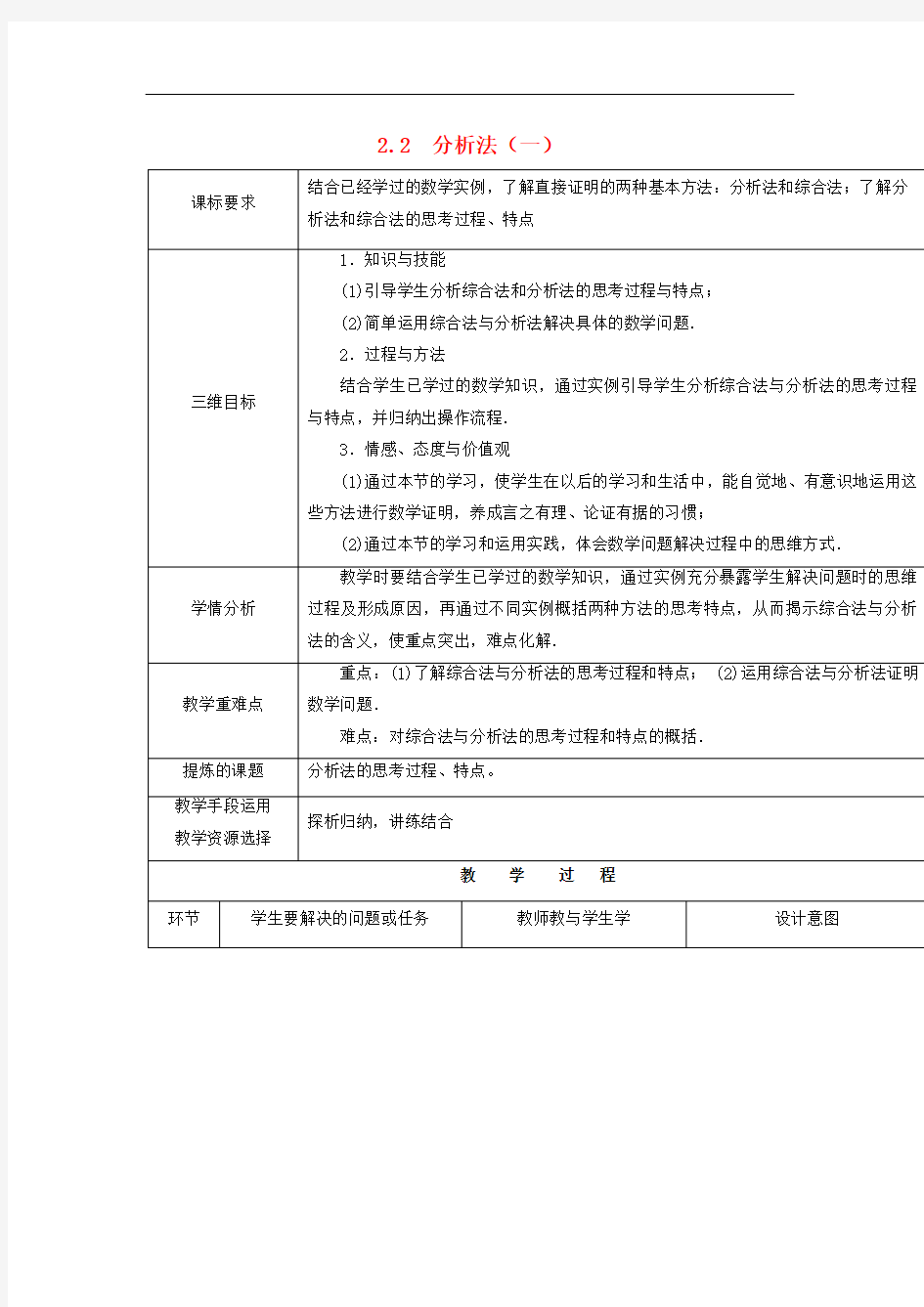 高中数学第一章推理与证明综合法和分析法分析法一教案北师大版选修