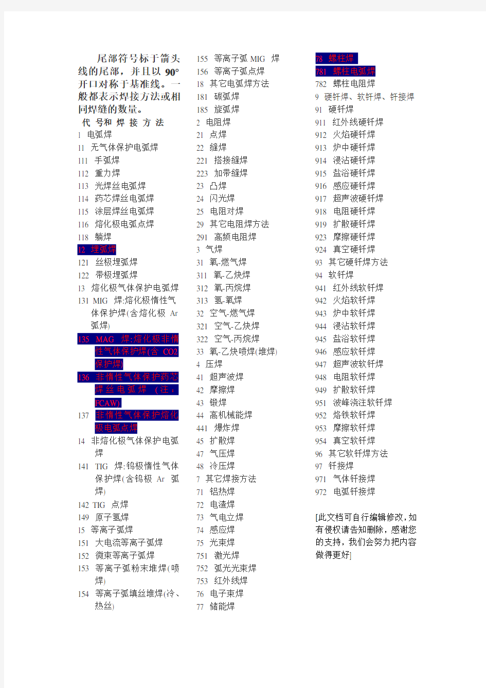 焊接方法及代号