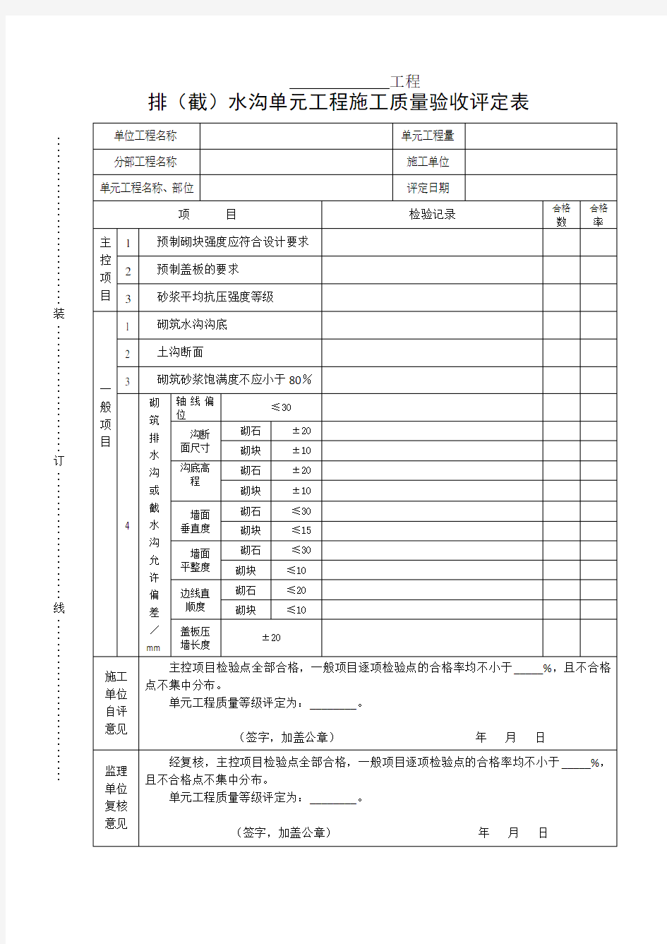 排(截)水沟单元工程施工质量验收评定表