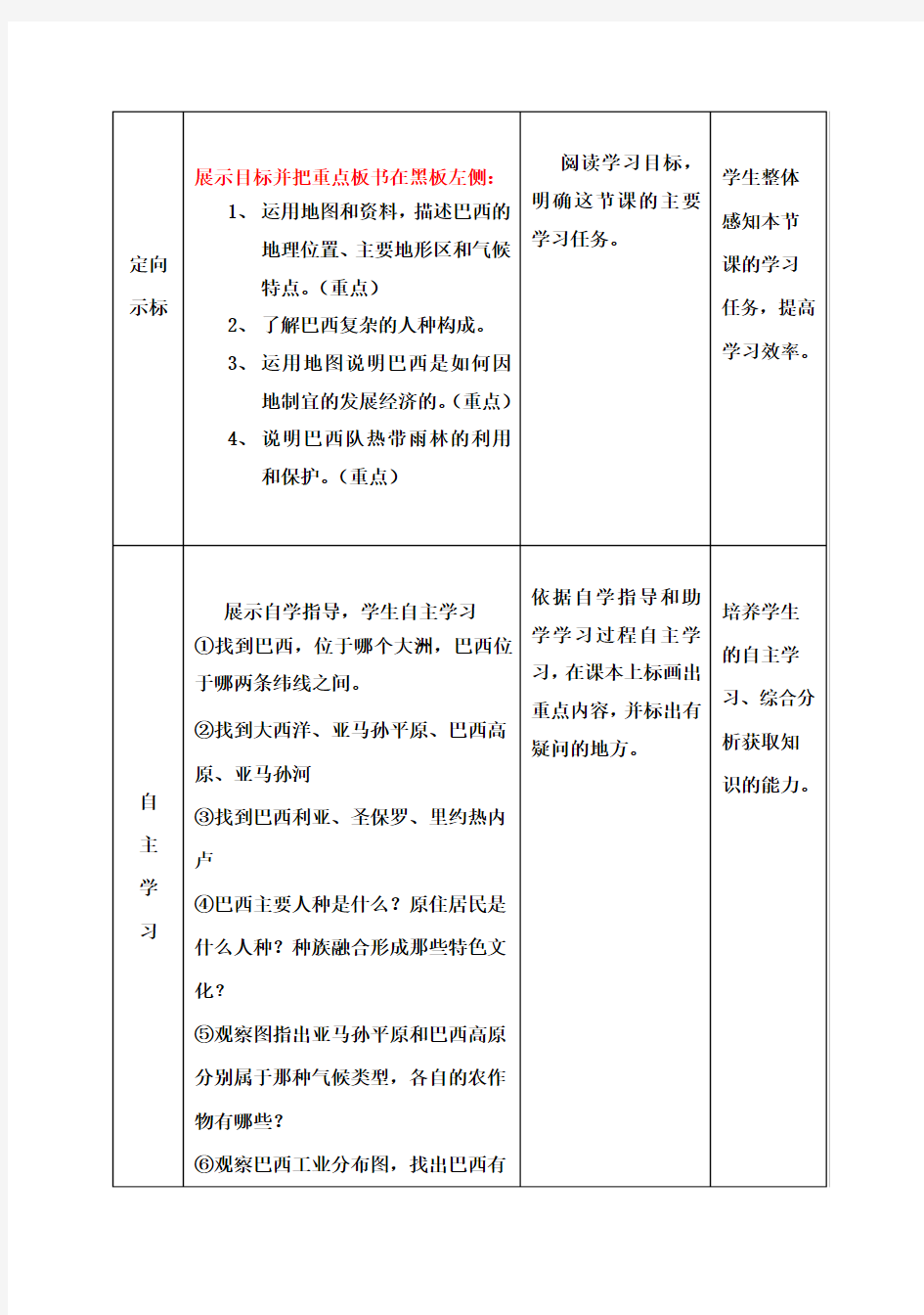 七年级地理下册《巴西》教案 商务星球版