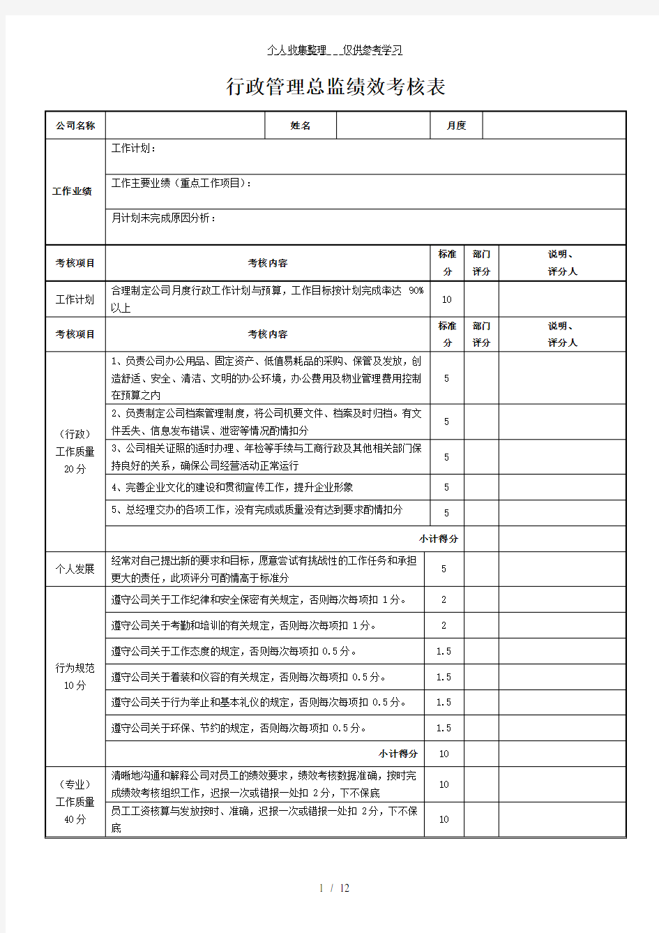 行政人事管理绩效考核表