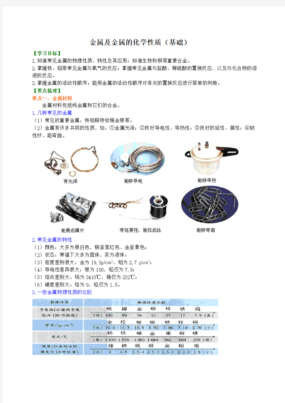 人教版九年级化学金属及金属的化学性质知识点及基础与拔高练习题