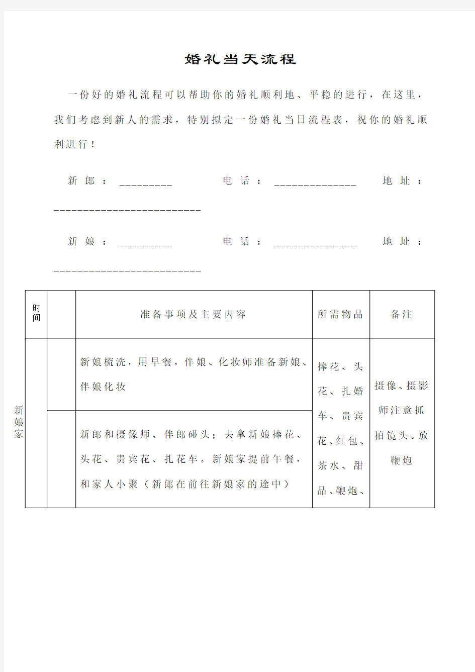 婚礼当天流程和婚礼人员明细表格