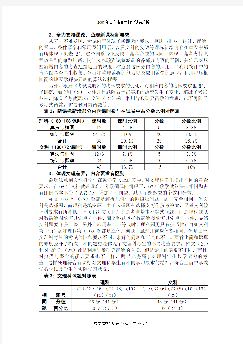 2007年全国高考数学(山东卷)试卷分析