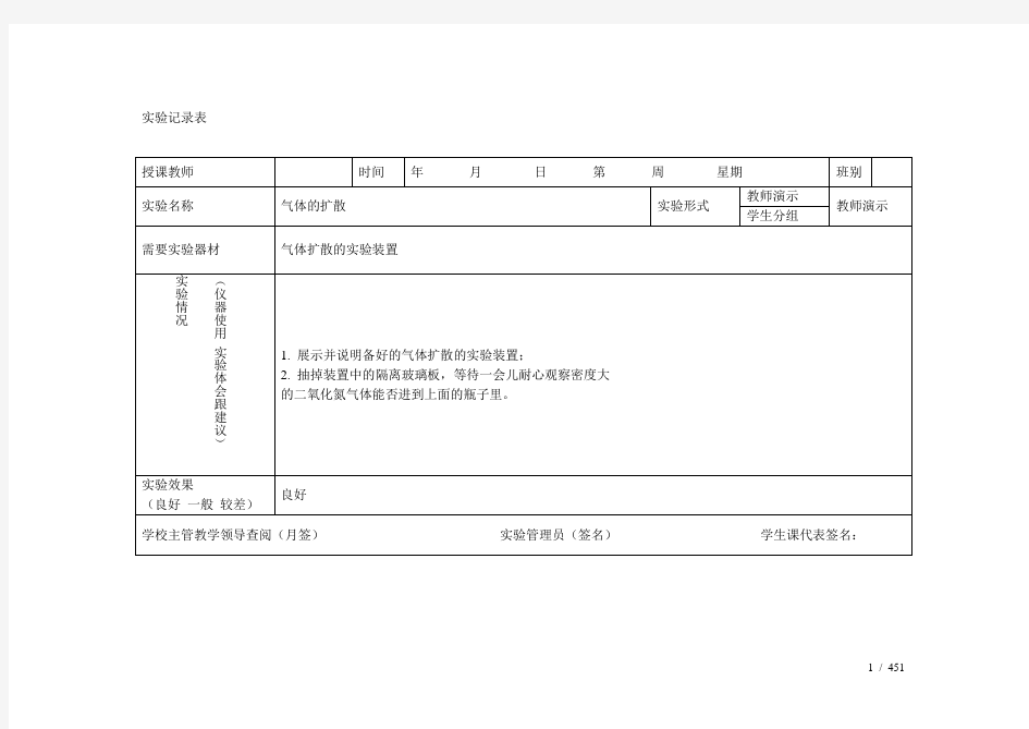 九年级物理实验记录表