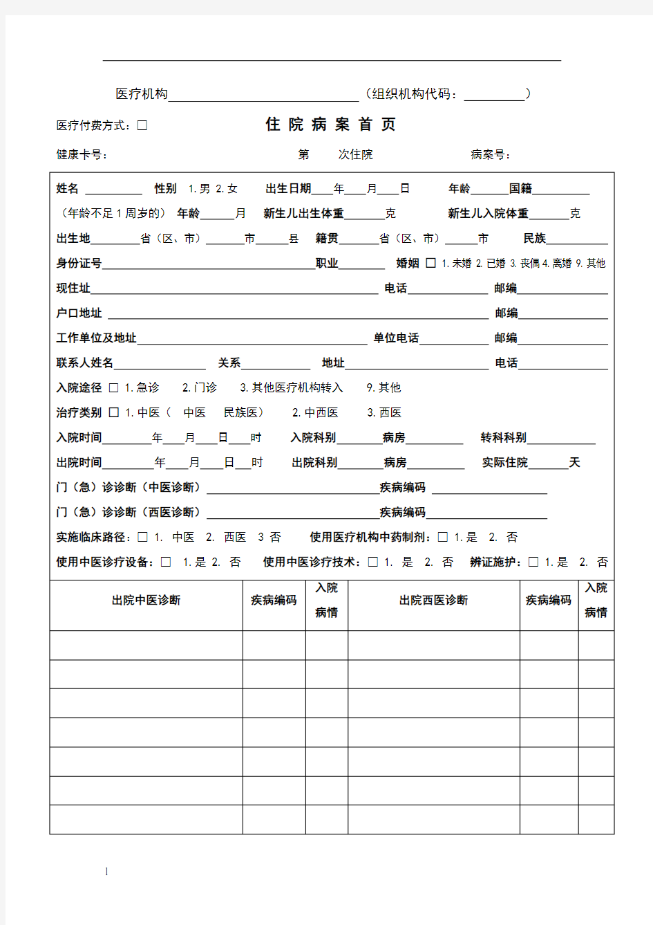 住院病案首页模板