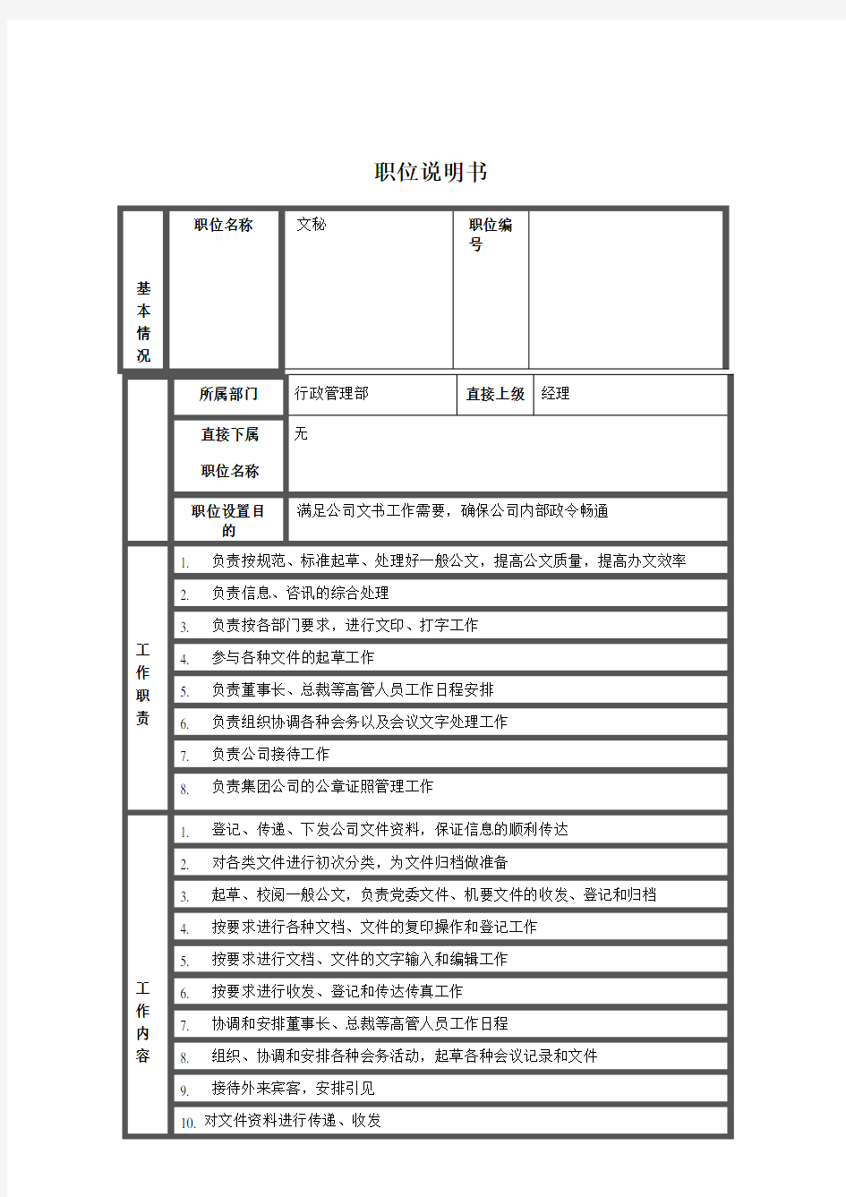 公司文秘职位说明书