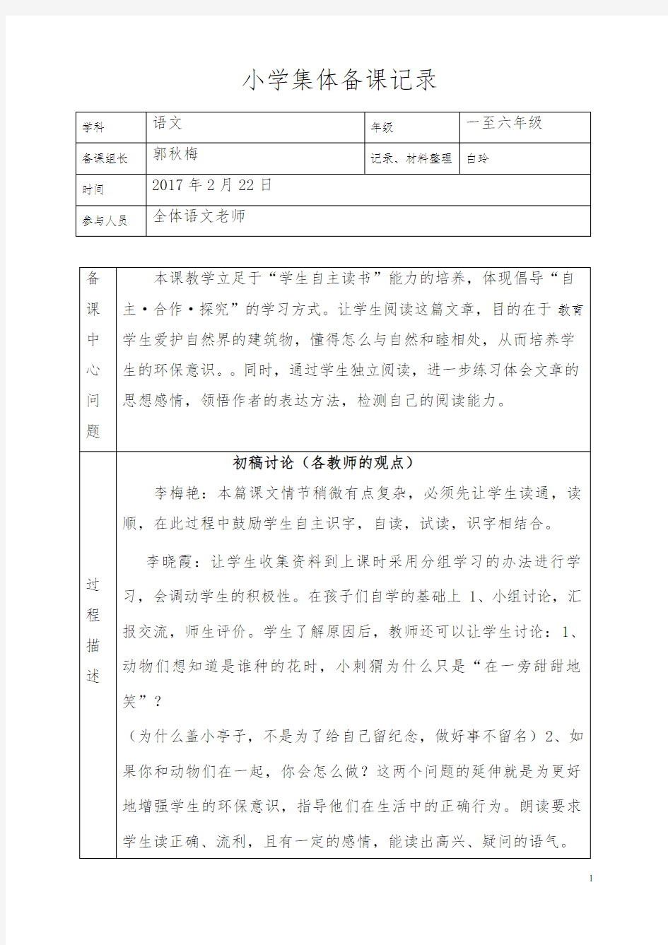 小学语文集体备课记录表 (1)