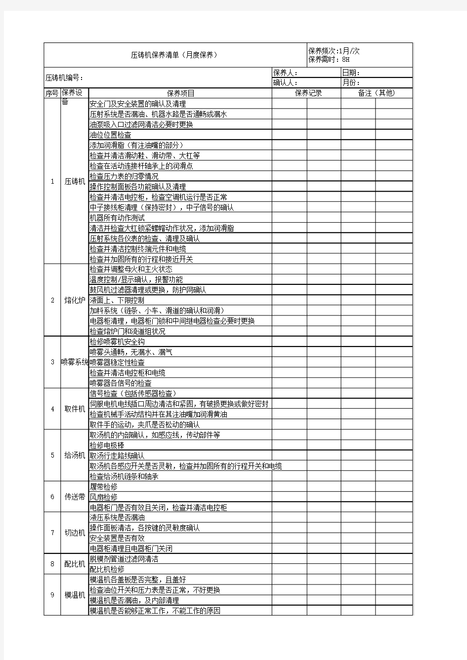 压铸机月季年度保养计划及内容