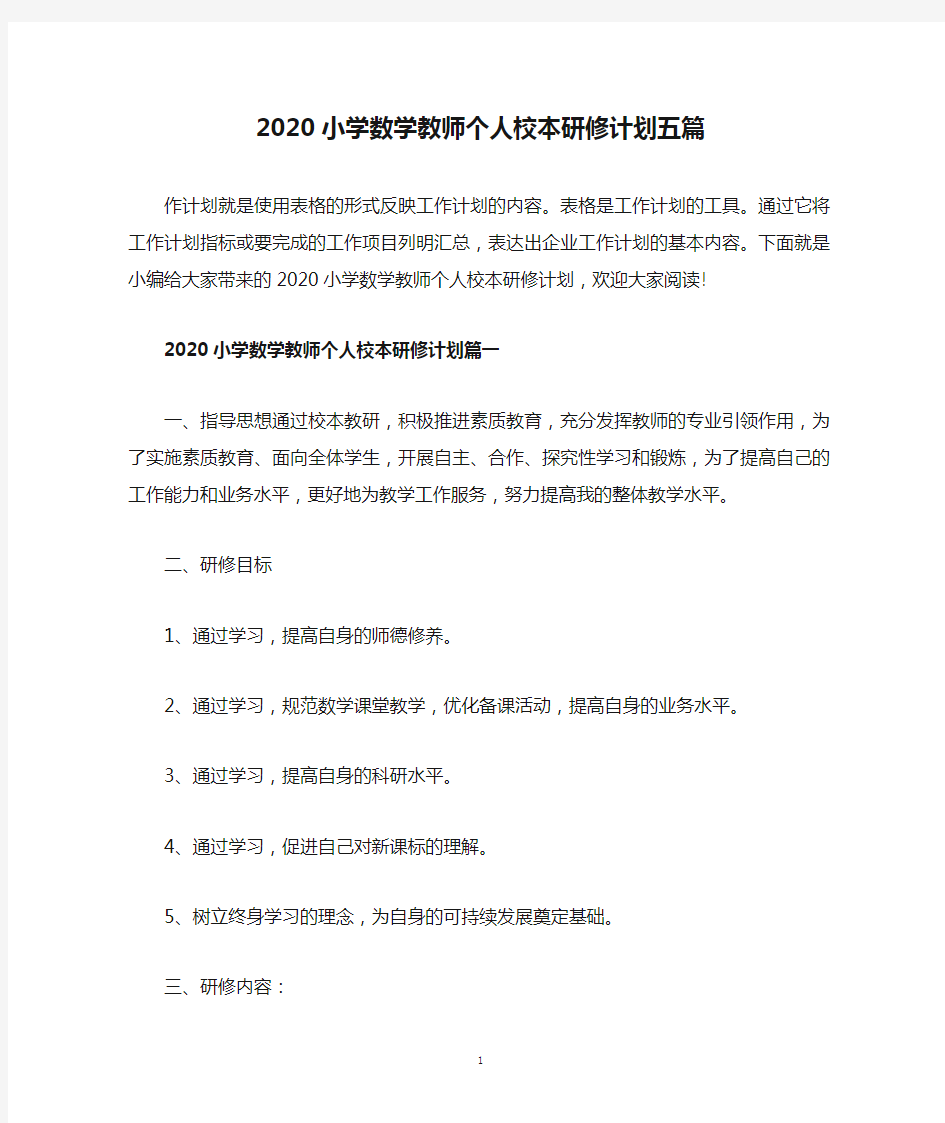 2020小学数学教师个人校本研修计划五篇.doc