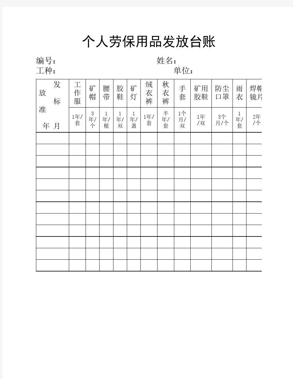 个人劳保用品发放台账