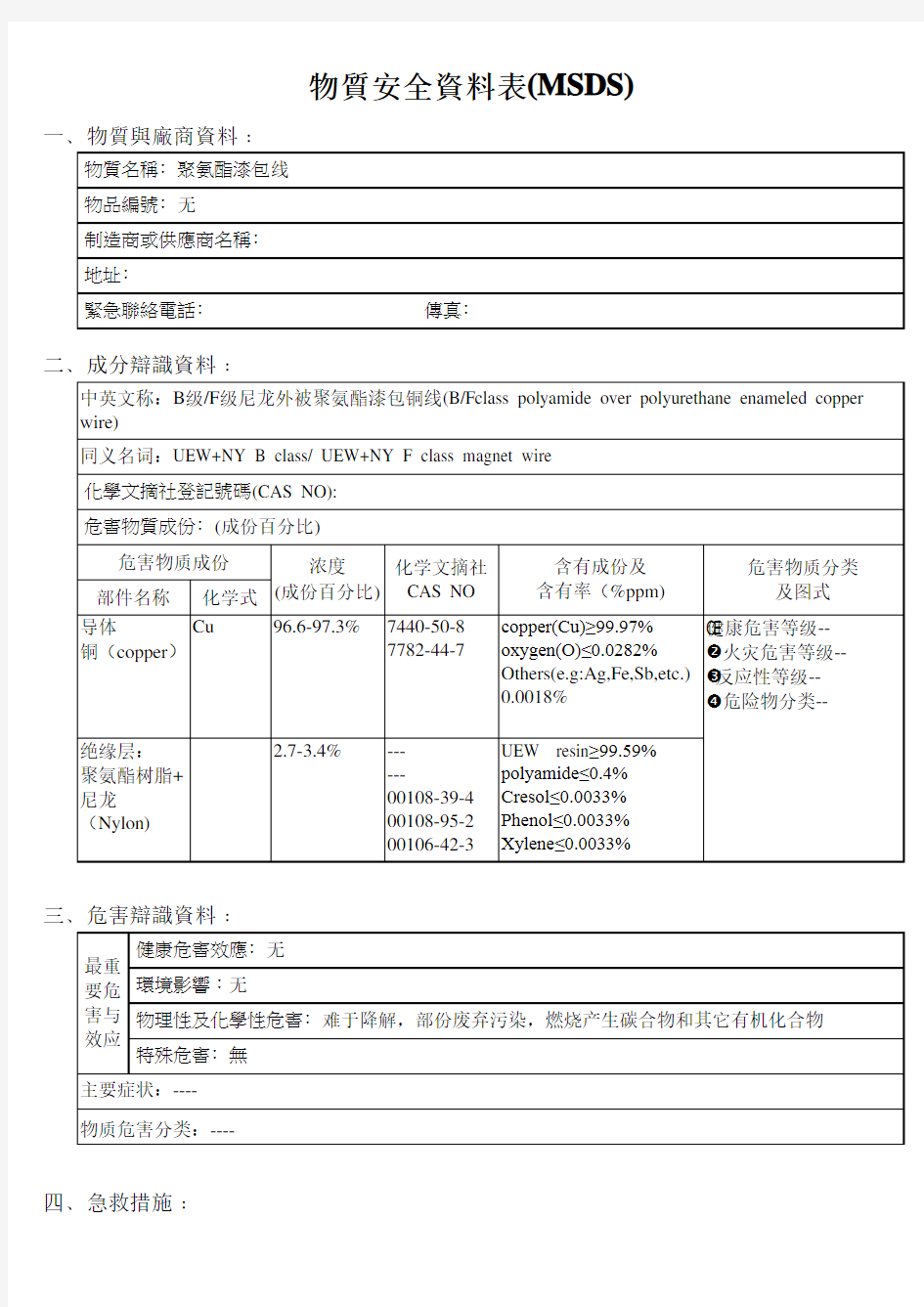 B级、F级聚氨酯漆包圆铜线物质安全资料表MSDS