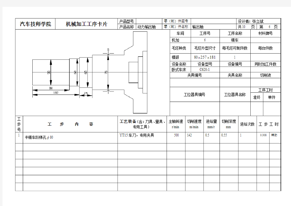 湖南省汽车技师学院工序卡片6