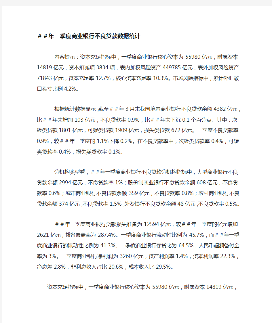 商业银行不良贷款数据统计