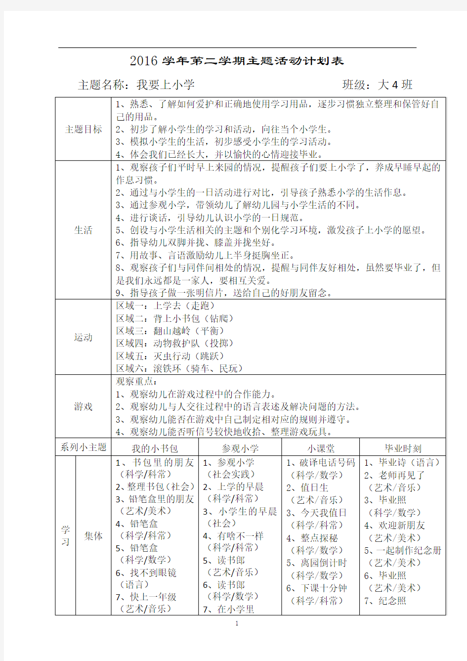 幼儿园大班我要上小学主题教学计划3