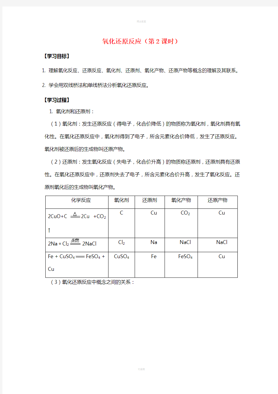 高中化学 第二章 第三节 氧化还原反应(第2课时)学案 新人教版必修11