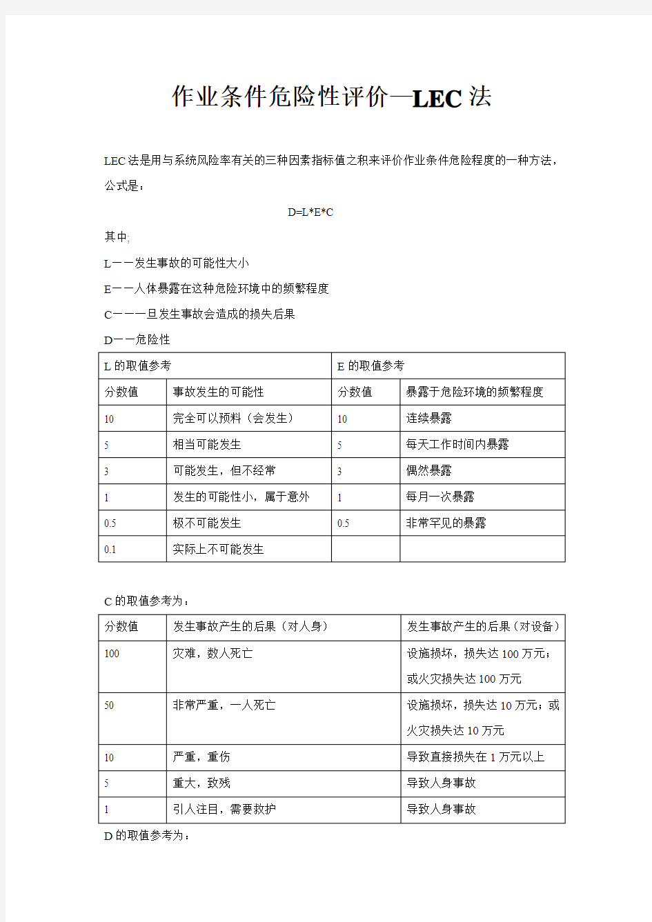 LEC 岗位风险评估表