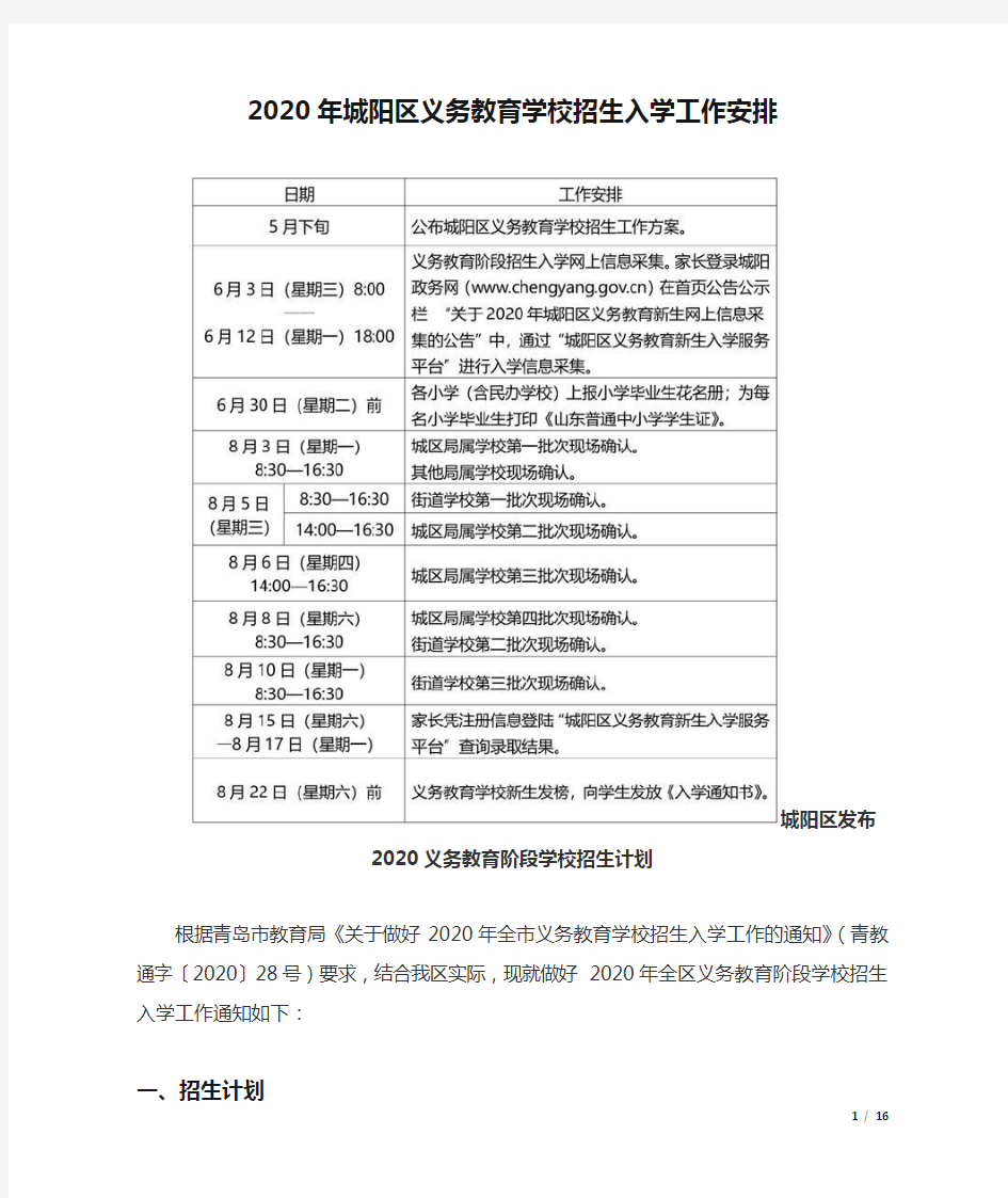 2020年城阳区义务教育学校招生入学工作安排