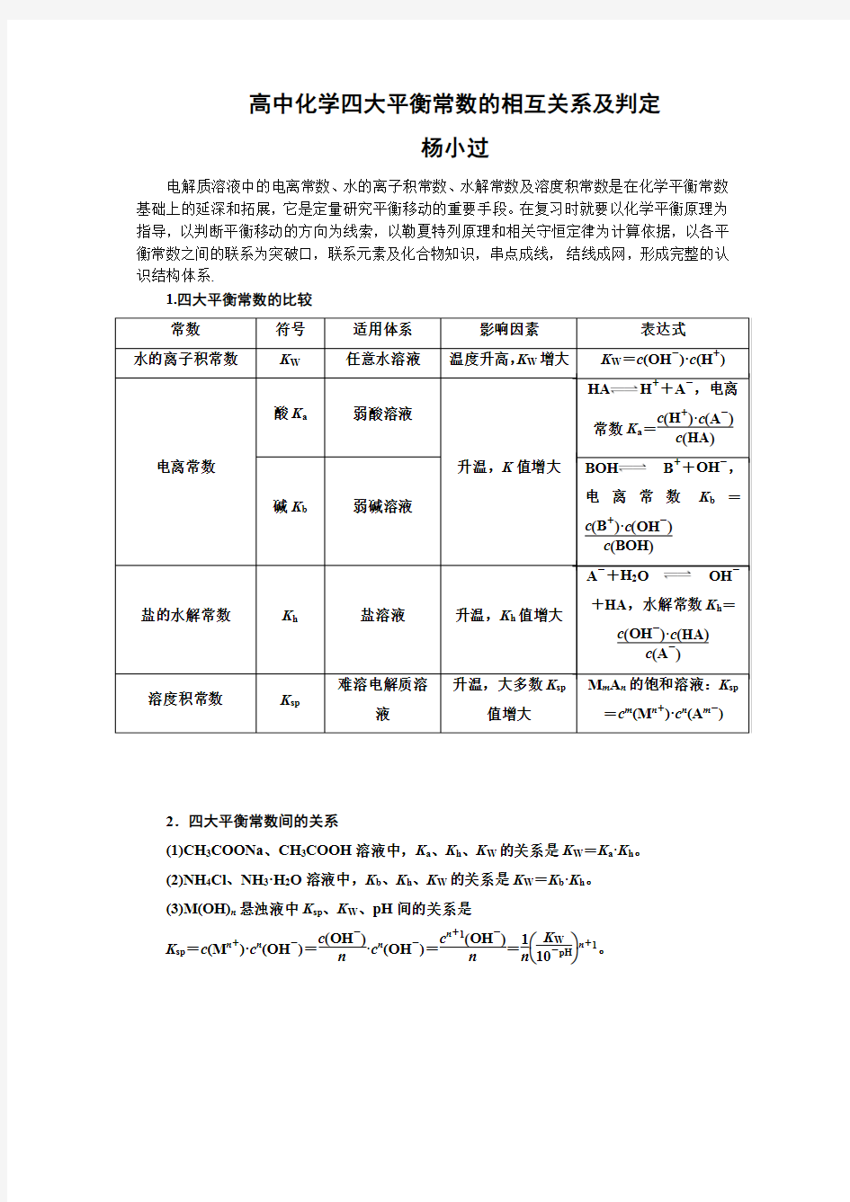 四大平衡常数的相互关系及判定