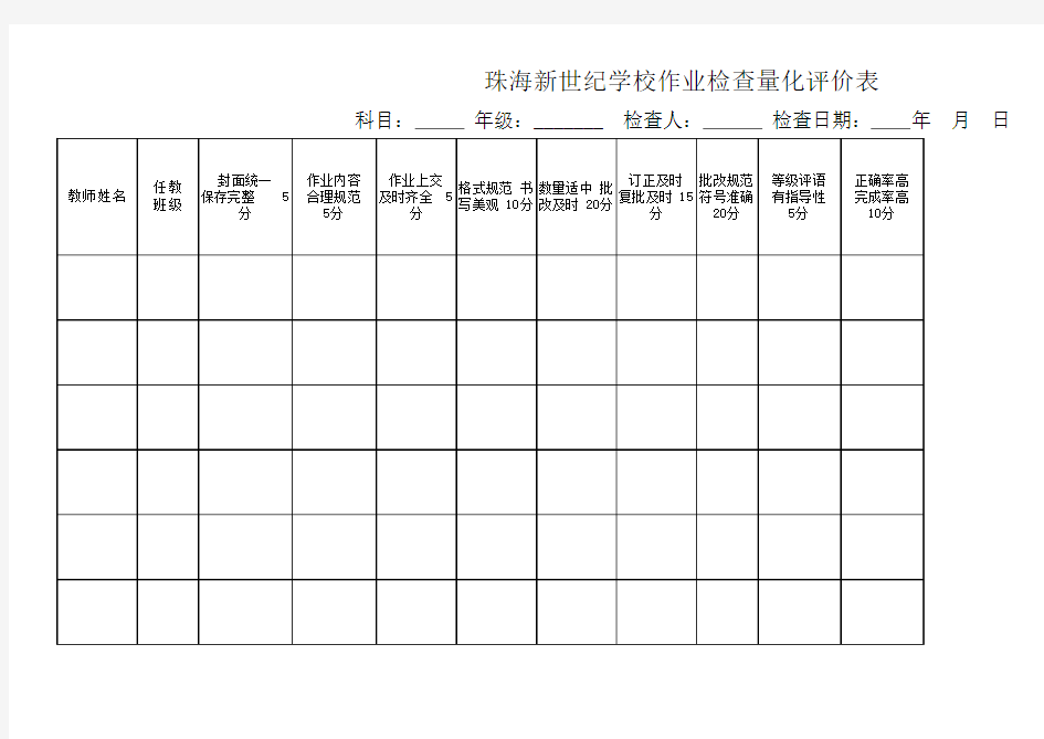 小学作业批改量化评价表