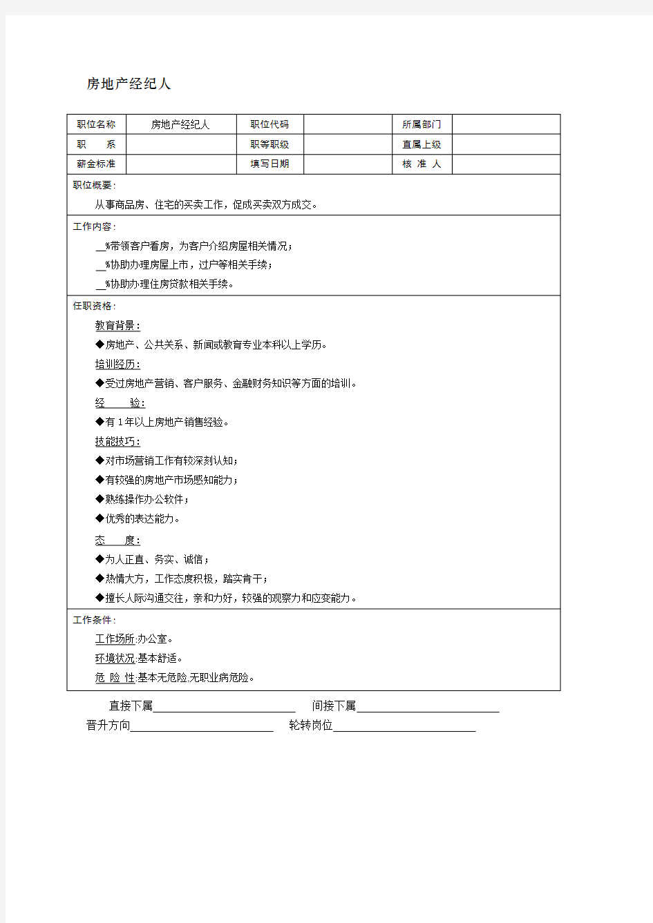 房地产经纪人岗位说明书