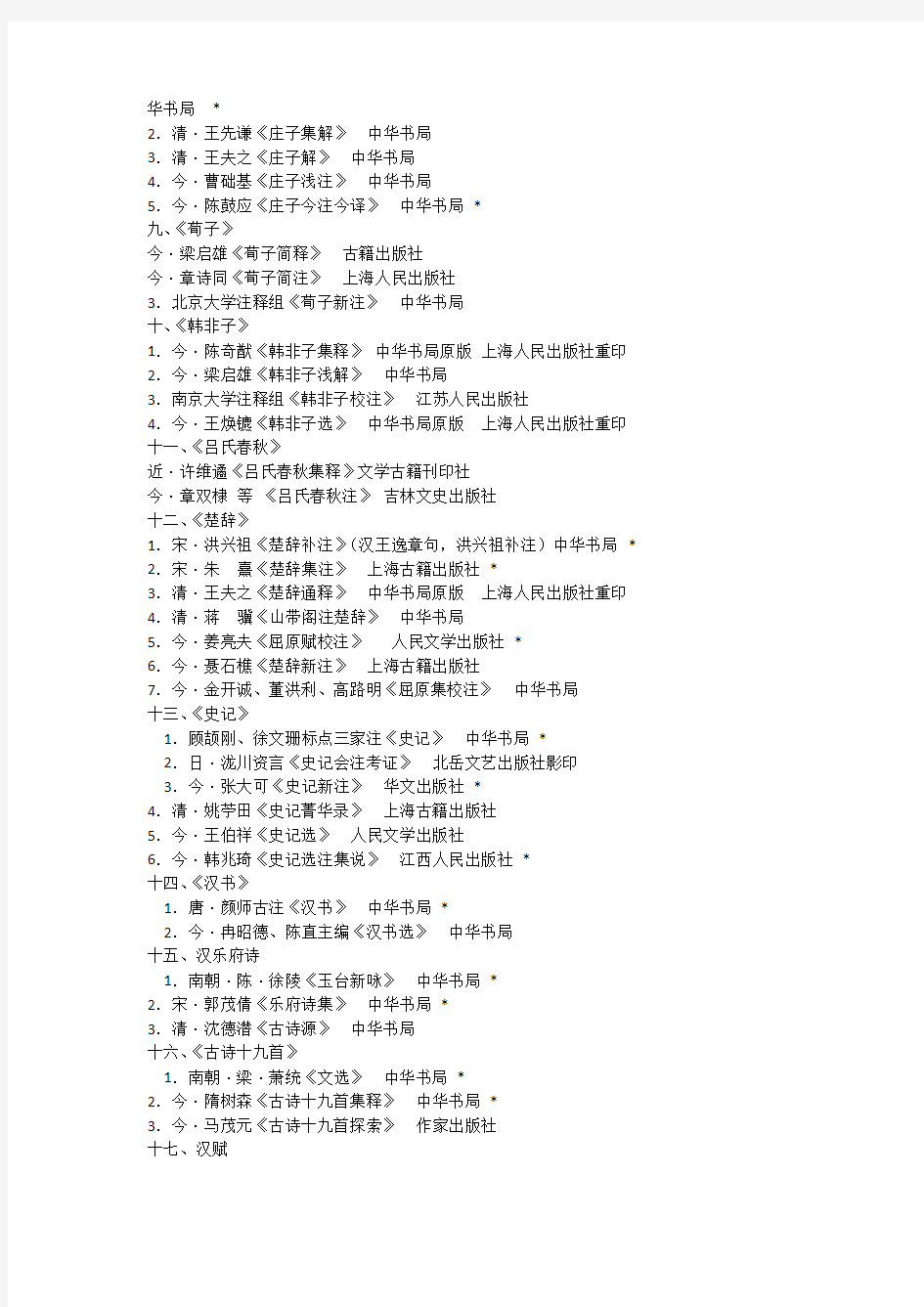 中国古代文学硕士研究生必读书目