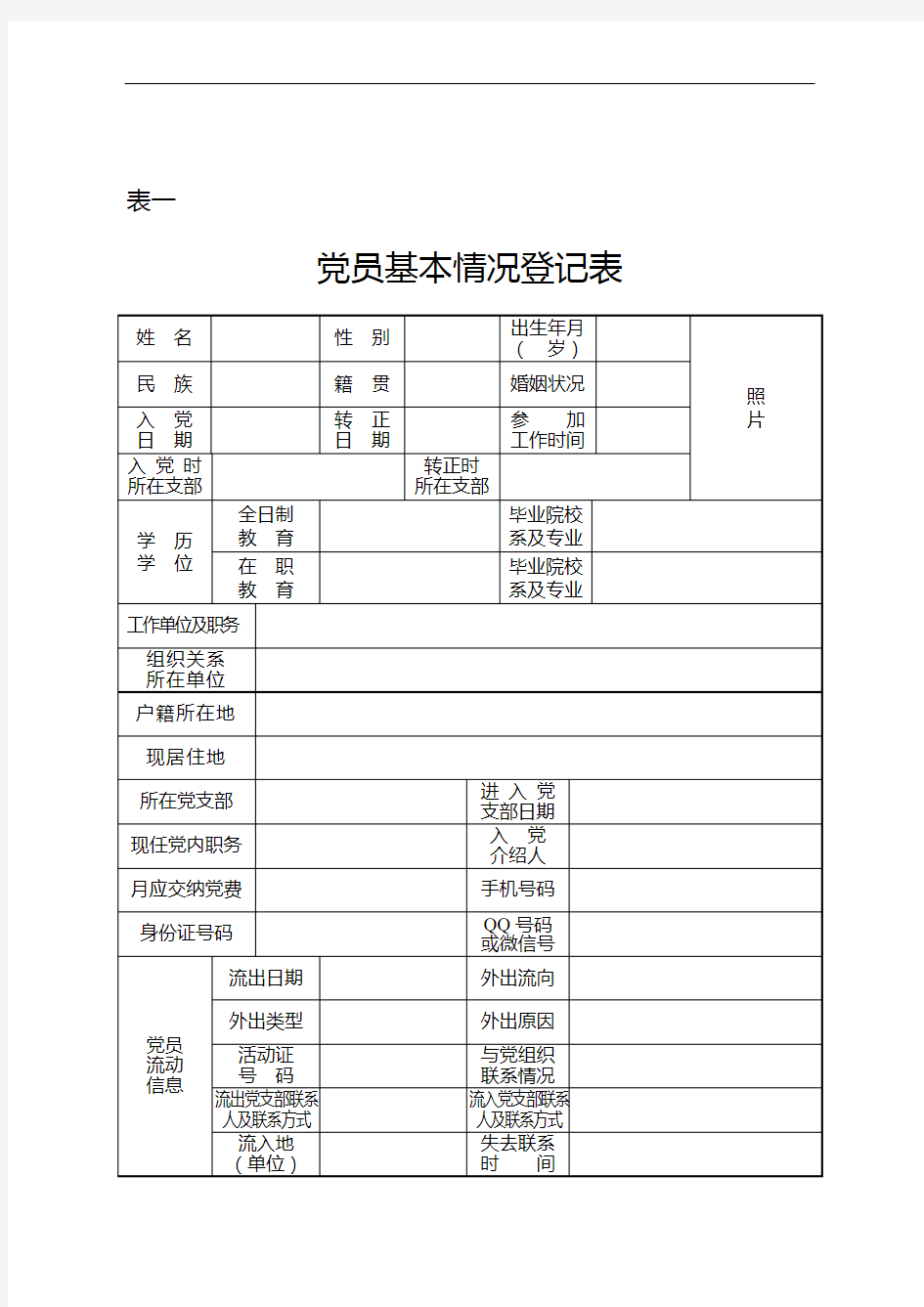 党员基本情况登记表