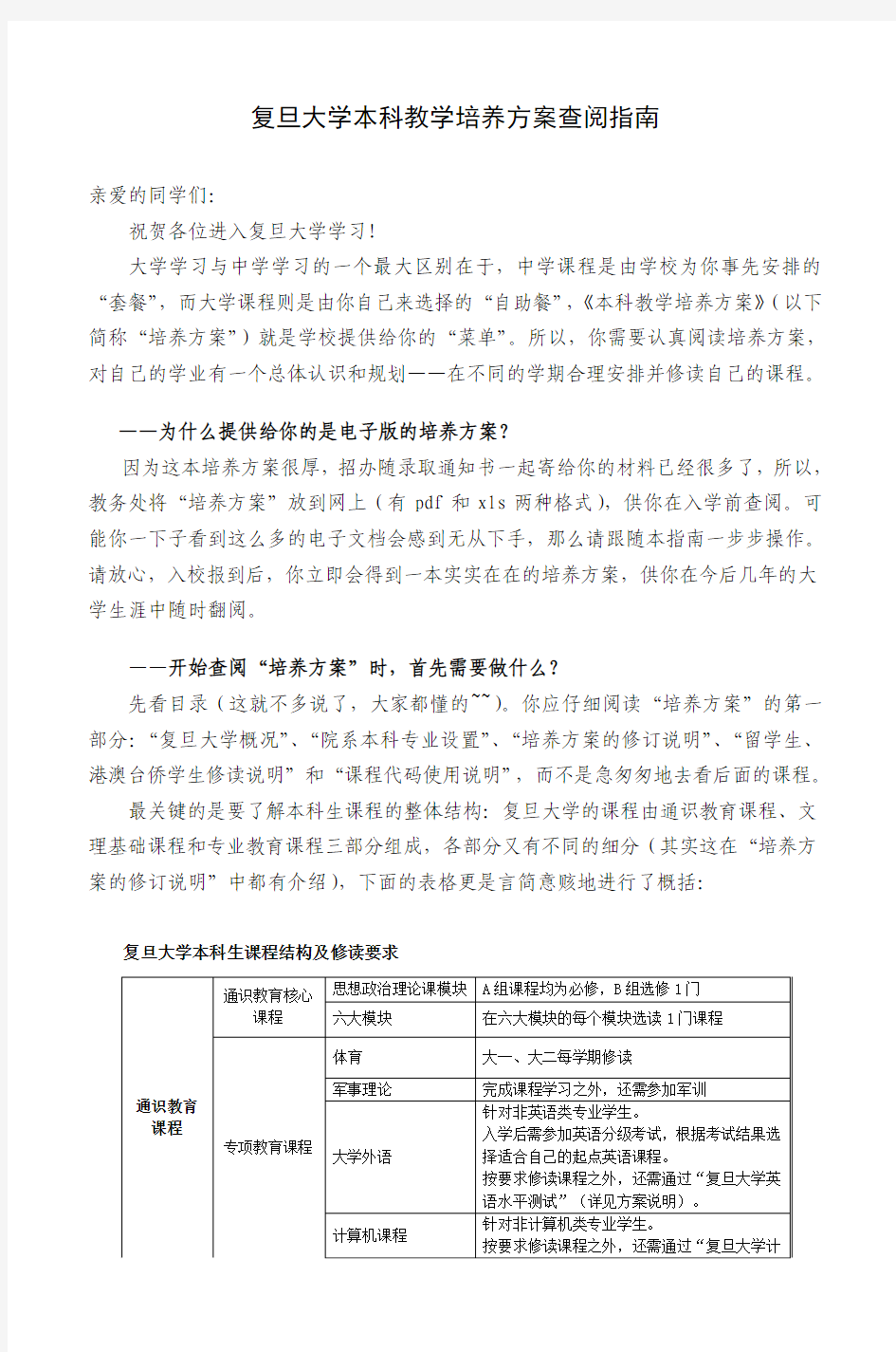 复旦大学本科教学培养方案查阅指南