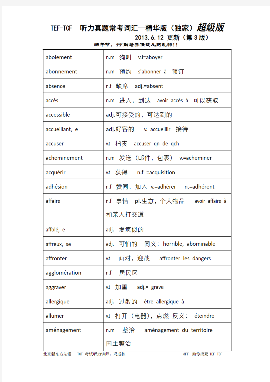 TCF-TEF听力真题400词(FF献上端午节礼物)by— FF助你搞死TEF-TCF