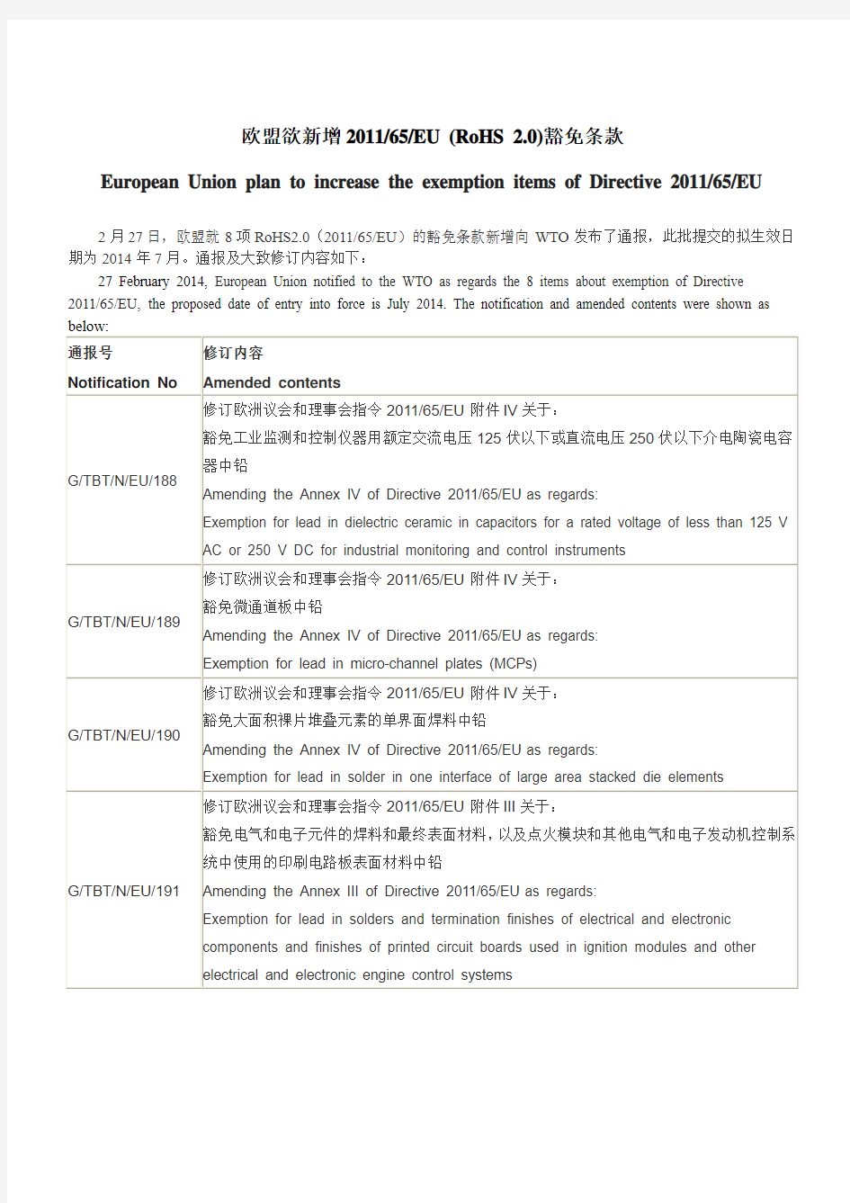 欧盟欲新增2011-65-EU (RoHS 2)豁免条款