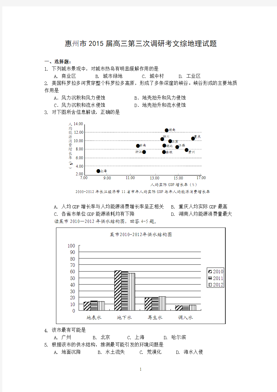惠州市2015届高三第三次调研考文综地理试题